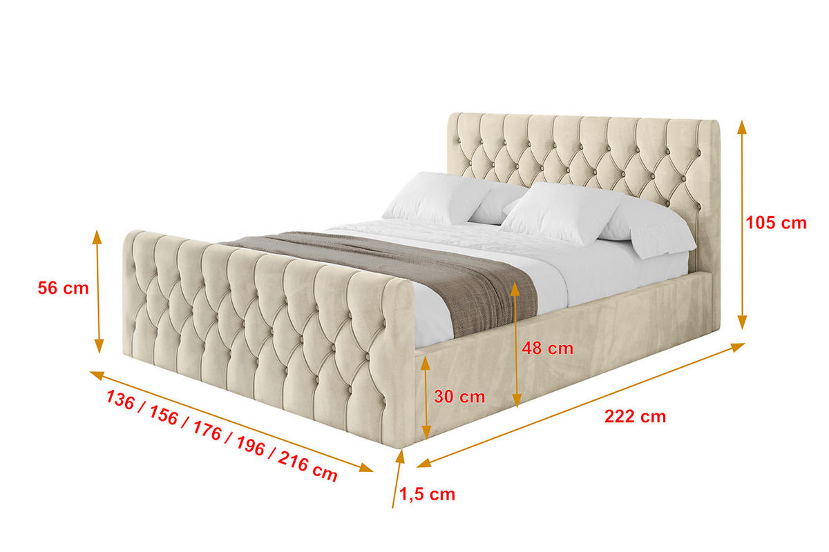 POLSTERBETT mit Bettkasten, Fußteil und Lattenrost, Boxbett ohne Matratze - RENO-Z 200x200 Beige - Ecru, Holzwerkstoff/Textil (200/200cm) - ALTDECOR