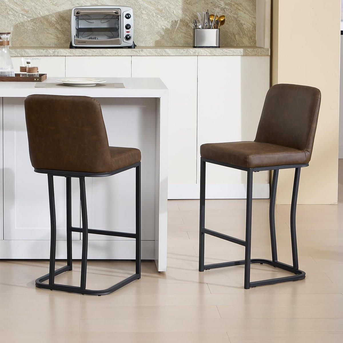BARHOCKER 2er Set PU-Leder Braun mit Rückenlehne - Braun, Kunststoff (42/96/49cm)