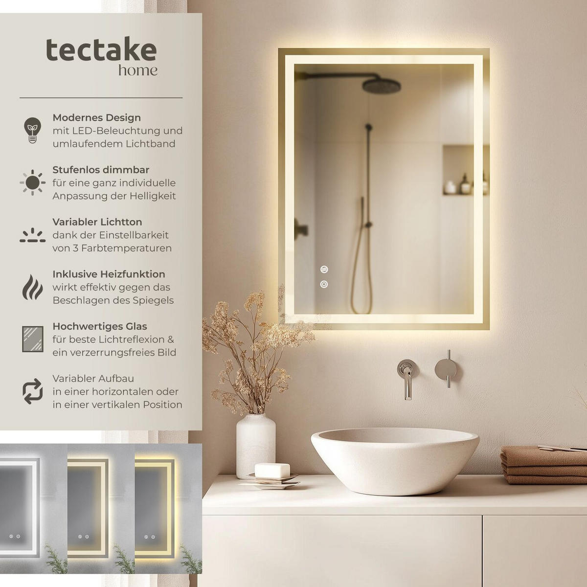 LED-BADEZIMMERSPIEGEL rechteckig Clara,inklusive Spiegelheizung,anthrazit - Anthrazit, Glas (60/80/2.5cm) - tectake