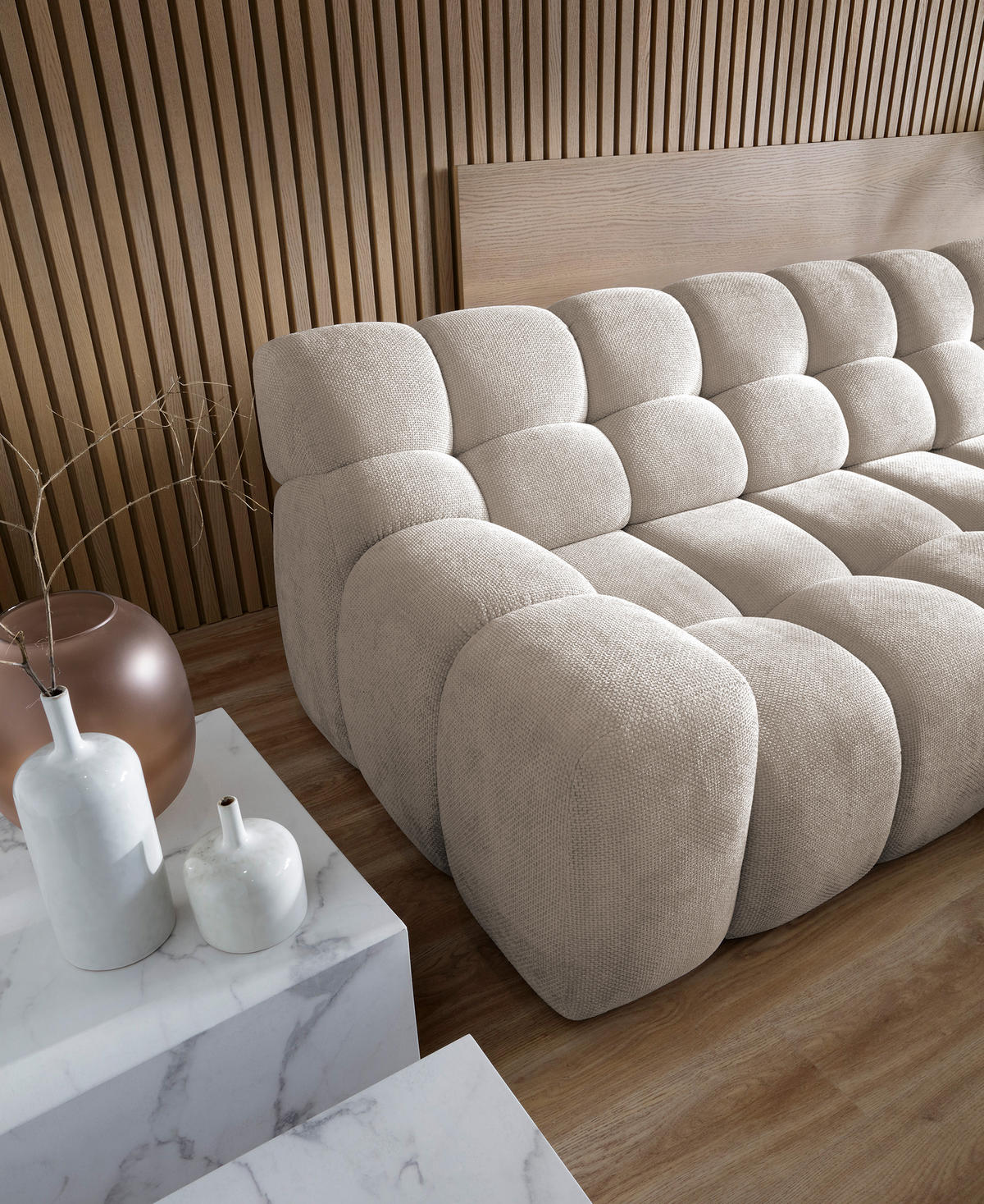 ECKSOFA CAMPILE mit elektrisch verschiebbarem Sitz, Grau, Rechts - Hellbraun, Holz/Textil (288/119cm) - DomoHome
