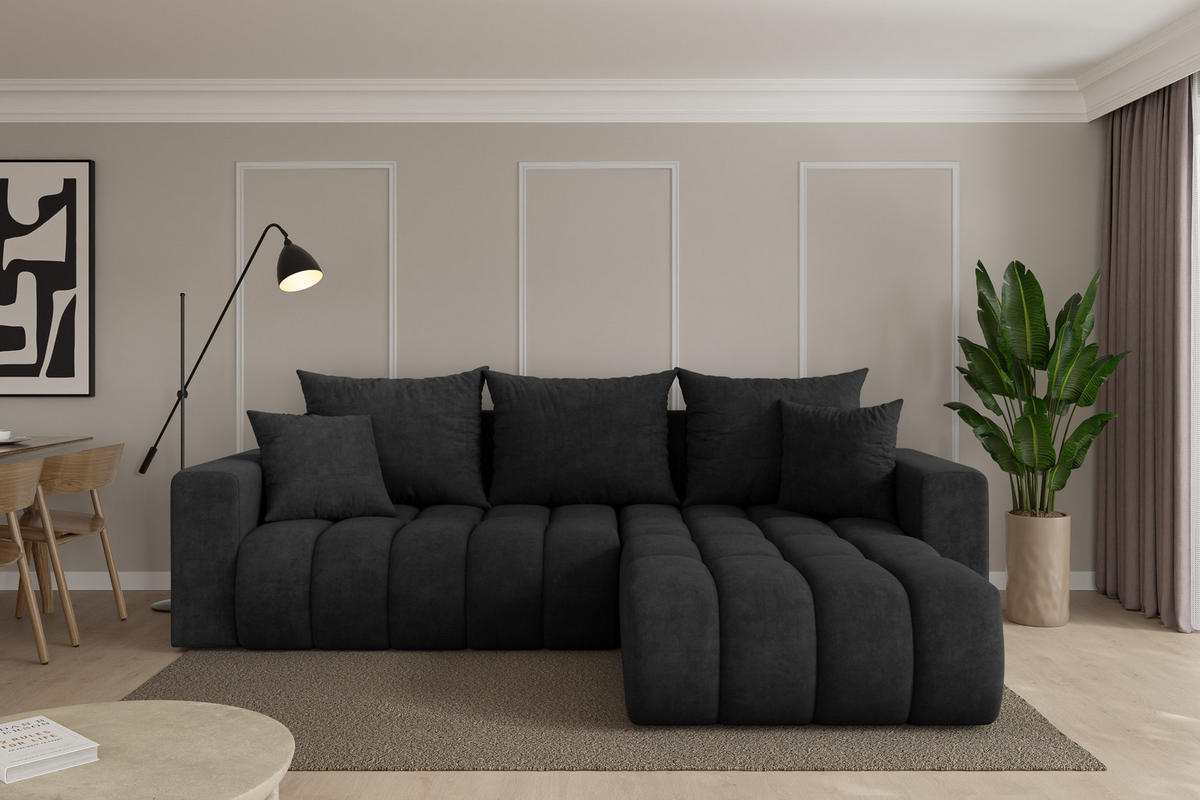 ROHOVÁ SEDAČKA s funkcí spaní, otoman vpravo MILA-L-v1 277x195x86 černá velur - černá, kompozitní dřevo/textil (277/194cm) - ALTDECOR