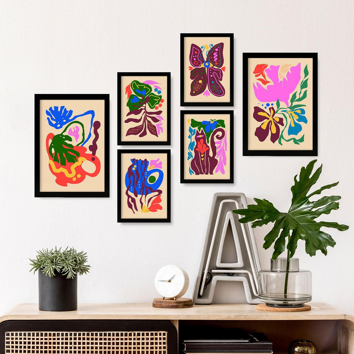 POSTER Set Mit 6 Malerisch 4 In Blume Zusammenfassung Ästhetische Dekorative Gemälde Für Ihr Wohnzimmer Schlafzimmer Zuhause A3 & A4 Schwarzer Rahmen - Schwarz, Papier (29/3cm) - Nacnic