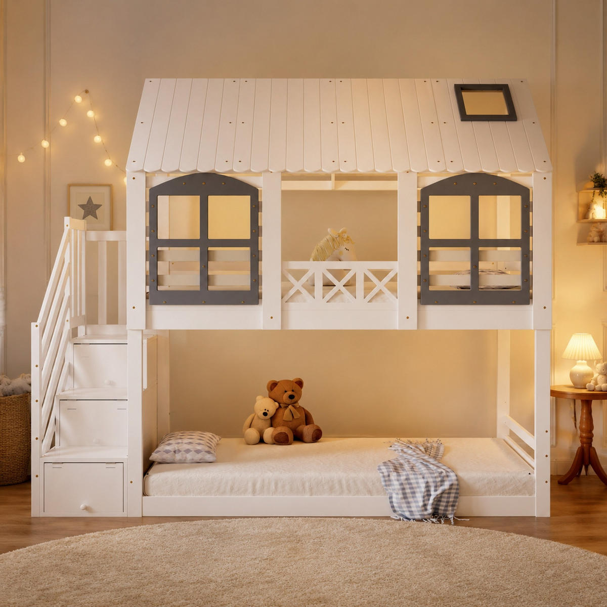 ETAGENBETT 90/200 mit Dach Fenster und Stauraumtreppe in Weiß und Grau - Weiß, Holz (90/200cm) - EVRYAE