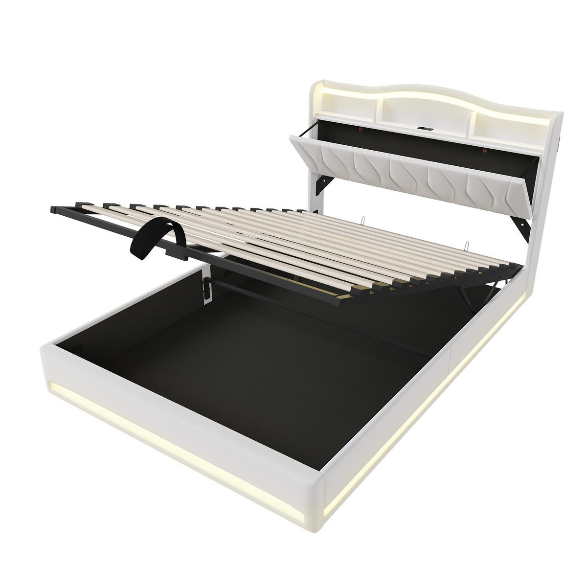 POLSTERBETT 140/200 aus Samt, mit gepolstertem Kopfteil, Bettkasten, LED, USB, Lattenrost, Metallrahmen, Beige - Beige, Holzwerkstoff (140/200cm) - Brevoria