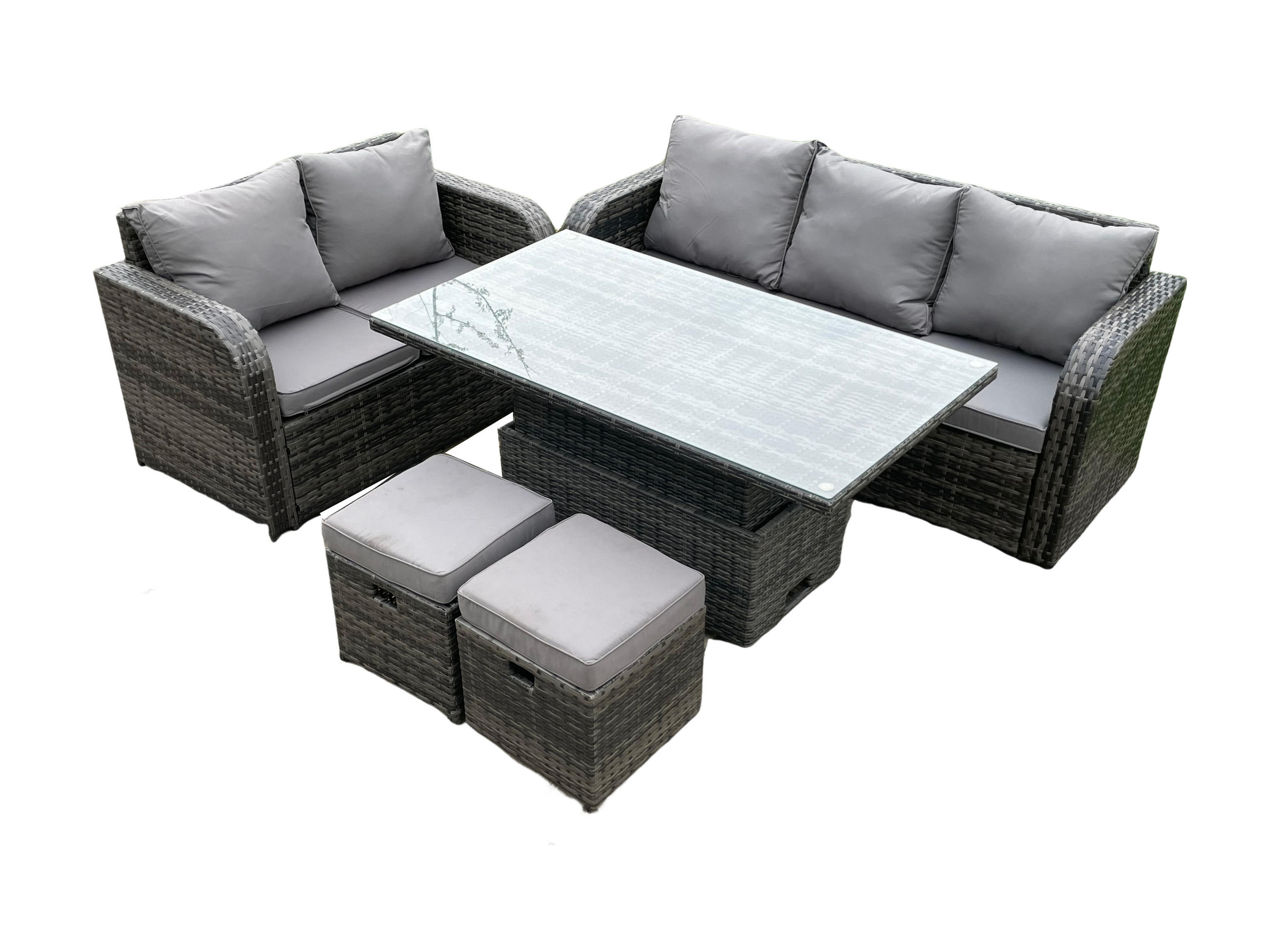 GARTENSET Polyrattan 7-Sitzer - Dunkelgrau/Grau, Glas/Kunststoff - Fimous