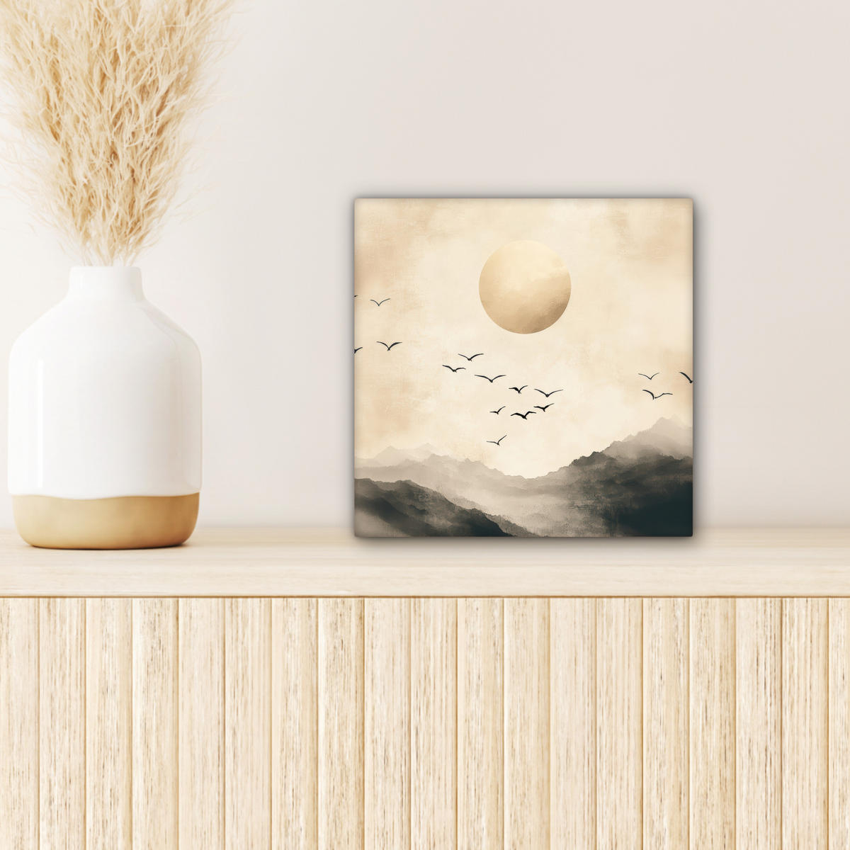 LEINWANDBILD Landschaft - Japandi - Vogel 20x20 cm - Beige, Textil (20/20cm) - MuchoWow