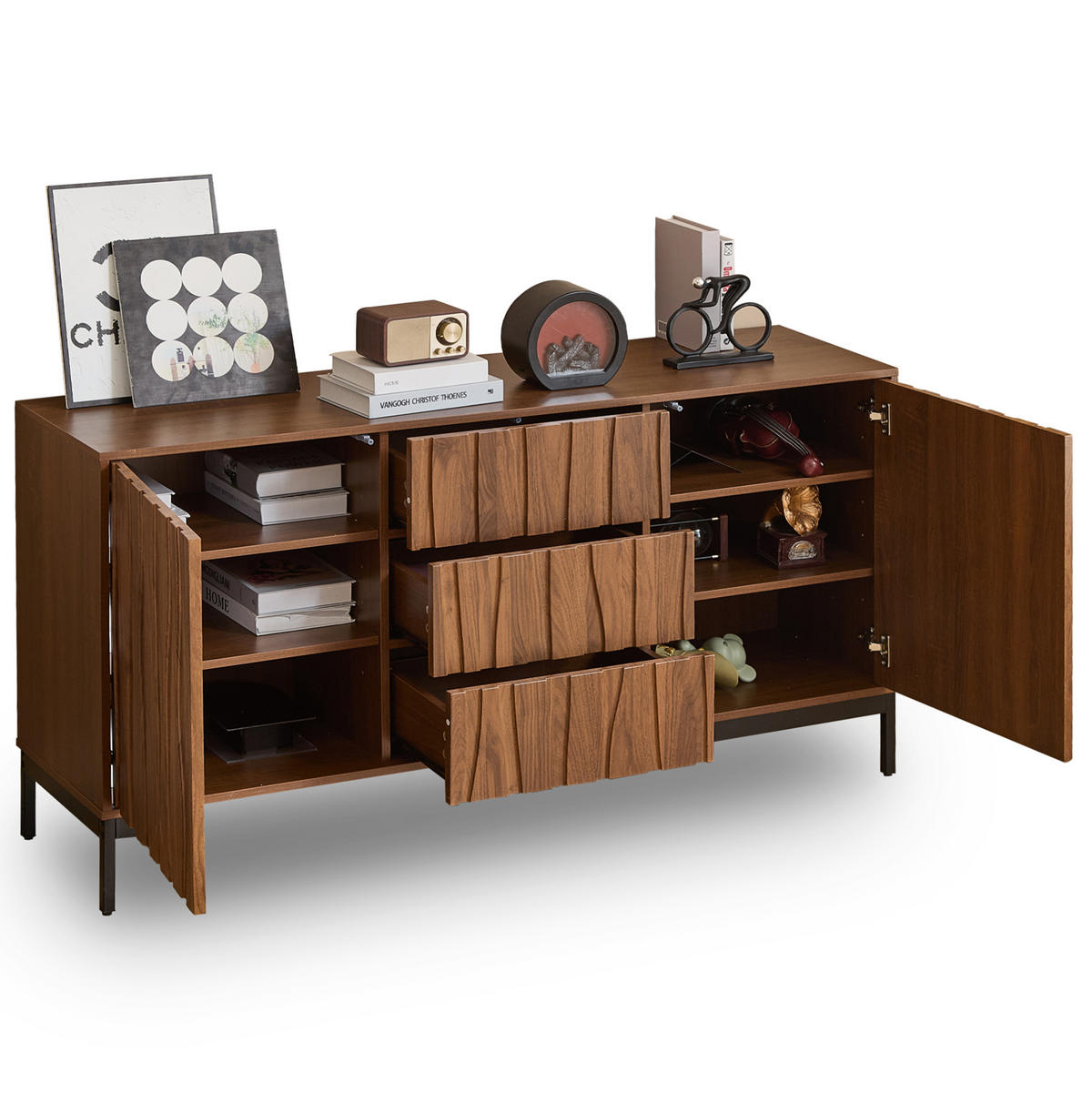 SIDEBOARD 150/40/80 cm in Dunkelbraun mit 3 Schubladen und verstellbaren Einlegeböden - Naturfarben, Holzwerkstoff (150/80/40cm) - Flora Grace