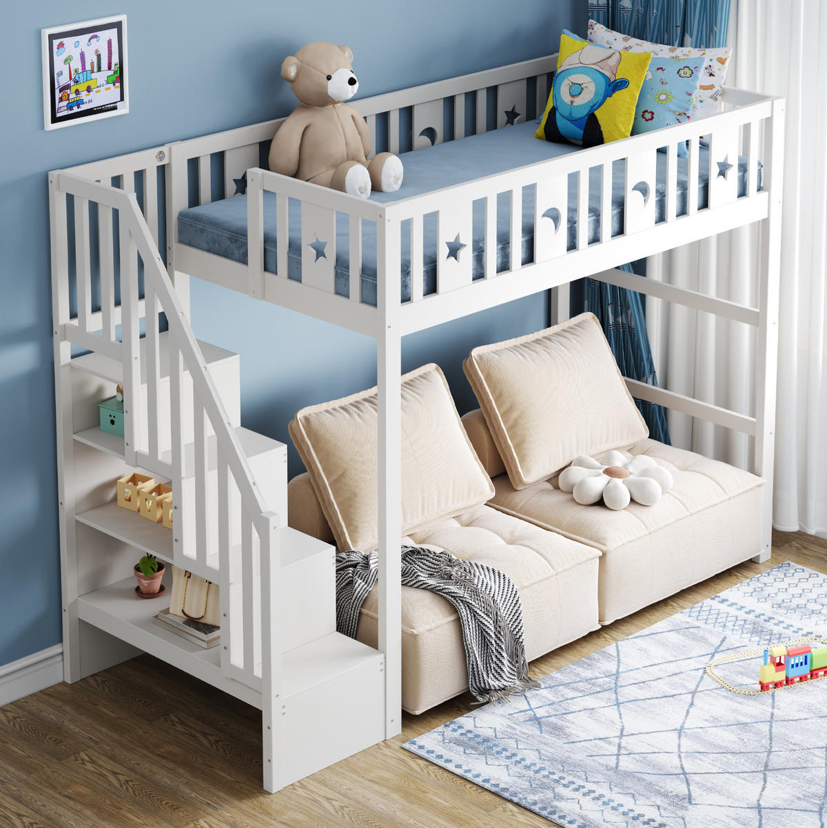 HOCHBETT 90/200 cm aus Massivholz mit Treppe, Weiß - Weiß, Holz (90/200cm) - OKMYHOME
