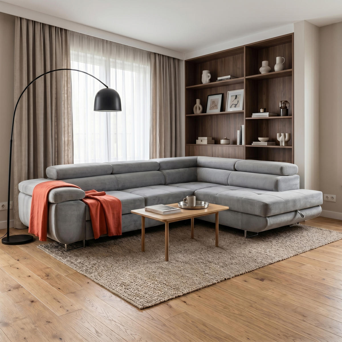 ECKSOFA WILD L Rechts mit Schlaffunktion 127x195 Velours Hellgrau - Chromfarben/Hellgrau, Holz/Textil (274/203cm) - Muffo