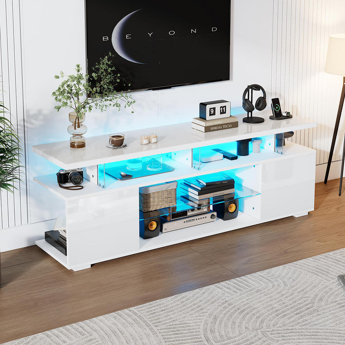 TV-STÄNDER mit LED-Beleuchtung in Reinweiß - Weiß, Holz (40/53/150cm) - KOMHTOM