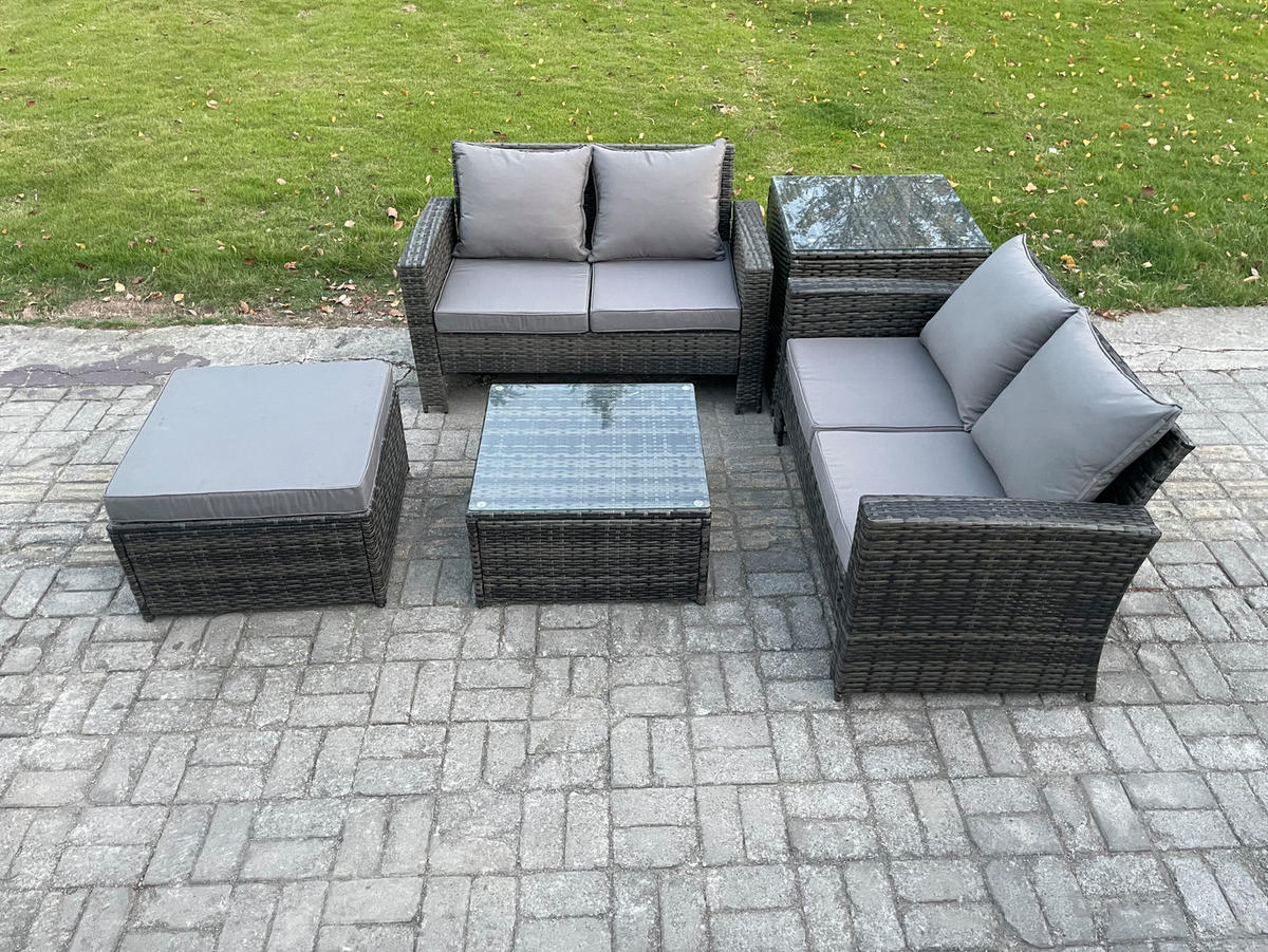 GARTENMÖBEL-SET enthält 2 DOPPELSITZ-SOFA, COUCHTISCH, HOCKER and BEISTELLTISCH Polyrattan Dunkelgrau Gemischt 7-Sitzer - Dunkelgrau, Metall - Fimous