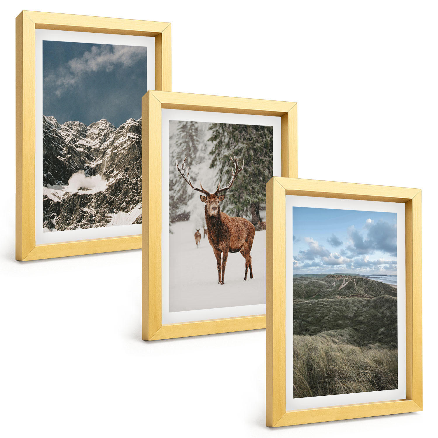 BILDER SET 3er Set - 20x30 cm Goldrahmen - Berge, Schnee, Hirsche, Waldlandschaft - Goldfarben, Kunststoff (20/30cm) - TULUP