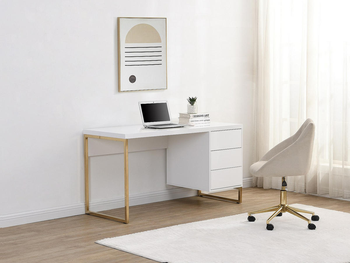 SCHREIBTISCH mit 3 Schubladen - MDF lackiert & Metall - Weiß & Goldfarben - TIMFIA - Weiß, Holz (60/140/75cm) - Pascal Morabito