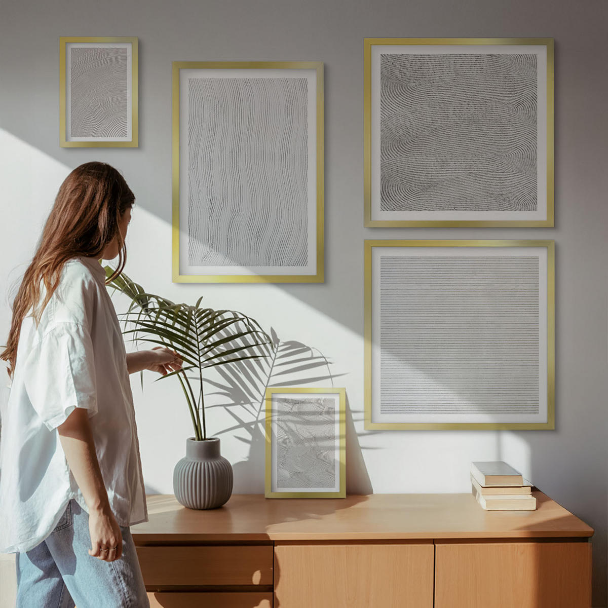 WANDBILDER 5er Set - 50x50 cm & 20x30 cm & 40x60 cm Goldrahmen - Sandmuster geometrische Strukturen - Goldfarben, Kunststoff (40/60cm) - ArtPrintCave