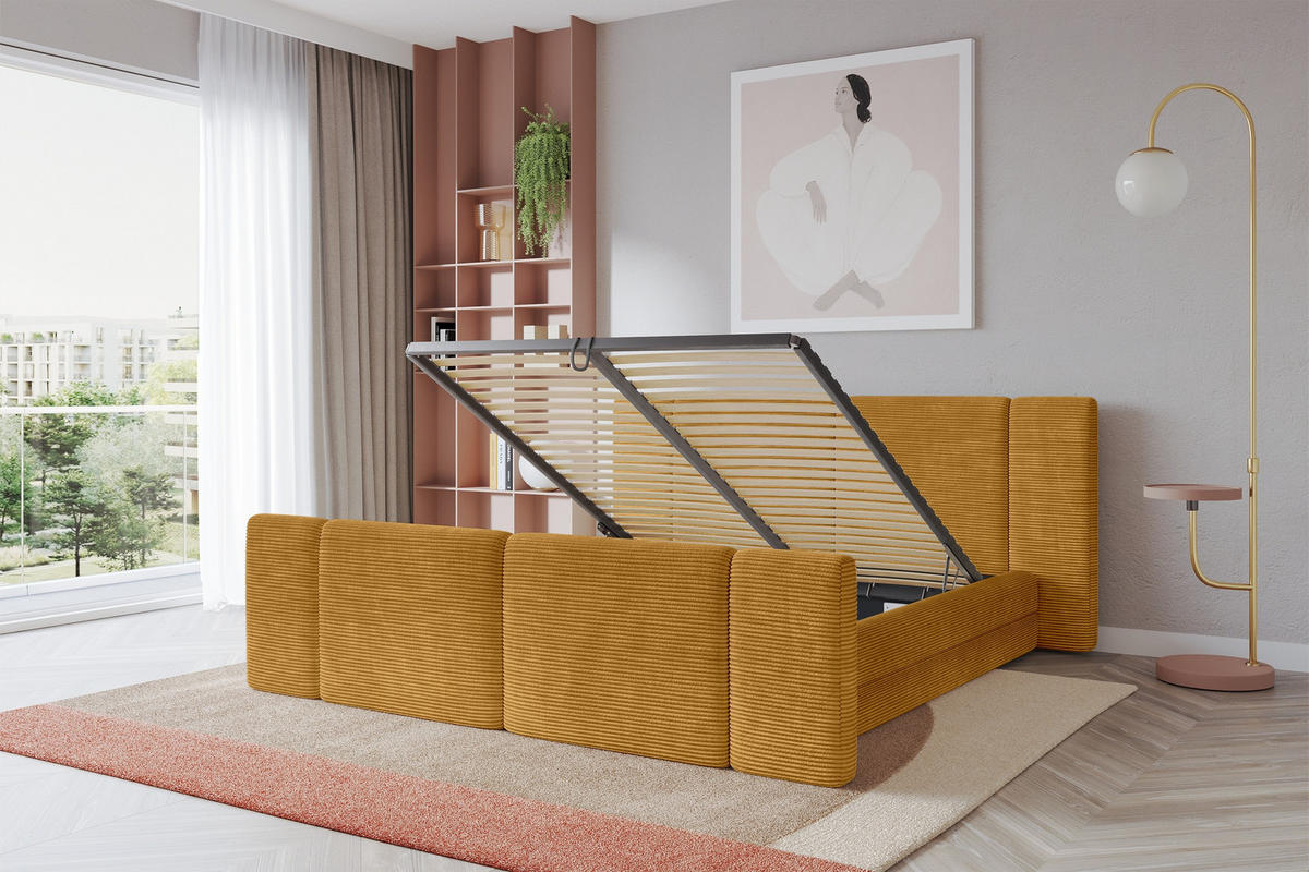 POLSTERBETT mit Bettkasten, Fußteil und Lattenrost, Boxbett ohne Matratze - TEVO-Z 160x200 Senfgelb - Gelb, Holzwerkstoff/Textil (160/200cm) - ALTDECOR