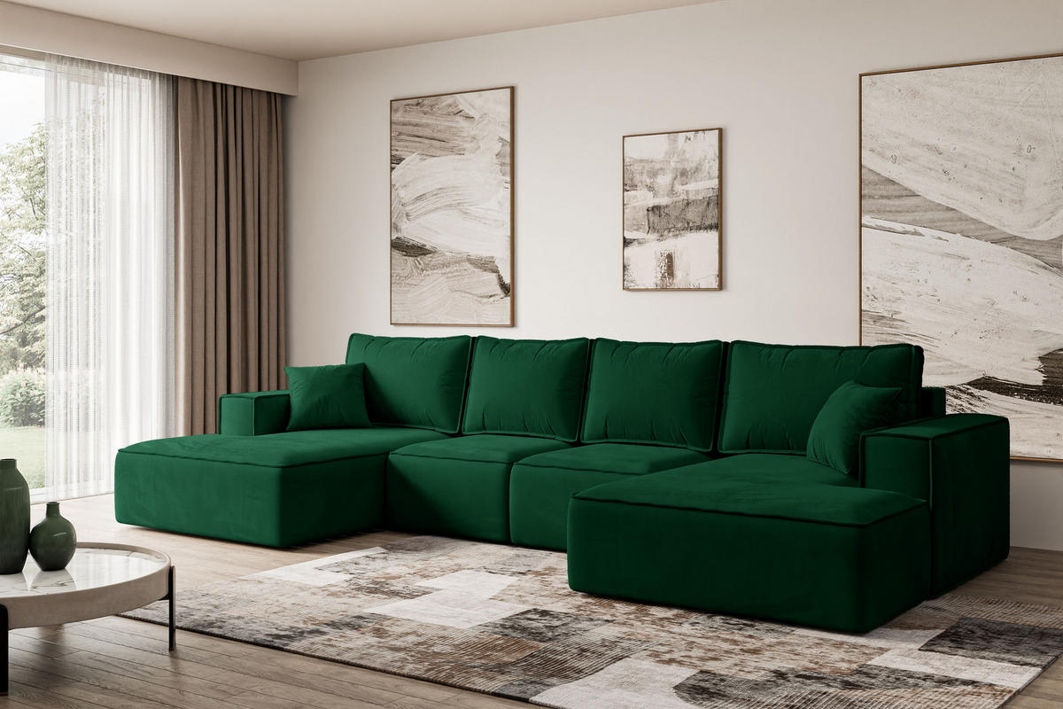 WOHNLANDSCHAFT mit Schlaffunktion und Bettkasten SIERRA-U-S - 349x161x87 cm Grün Velours - Schwarz/Grün, Holzwerkstoff/Kunststoff (349/87/161cm) - ALTDECOR