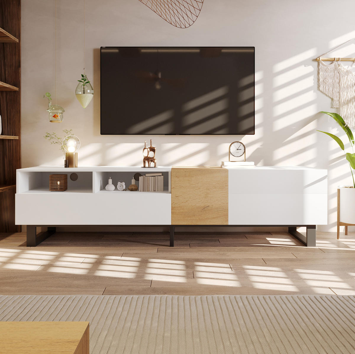 LOWBOARD 180/38/50 cm aus MDF mit 2 Schubladen und schwarzen Metallfüßen Weiß/Holzoptik - Weiß, Holzwerkstoff (180/50/38cm) - Modenvie
