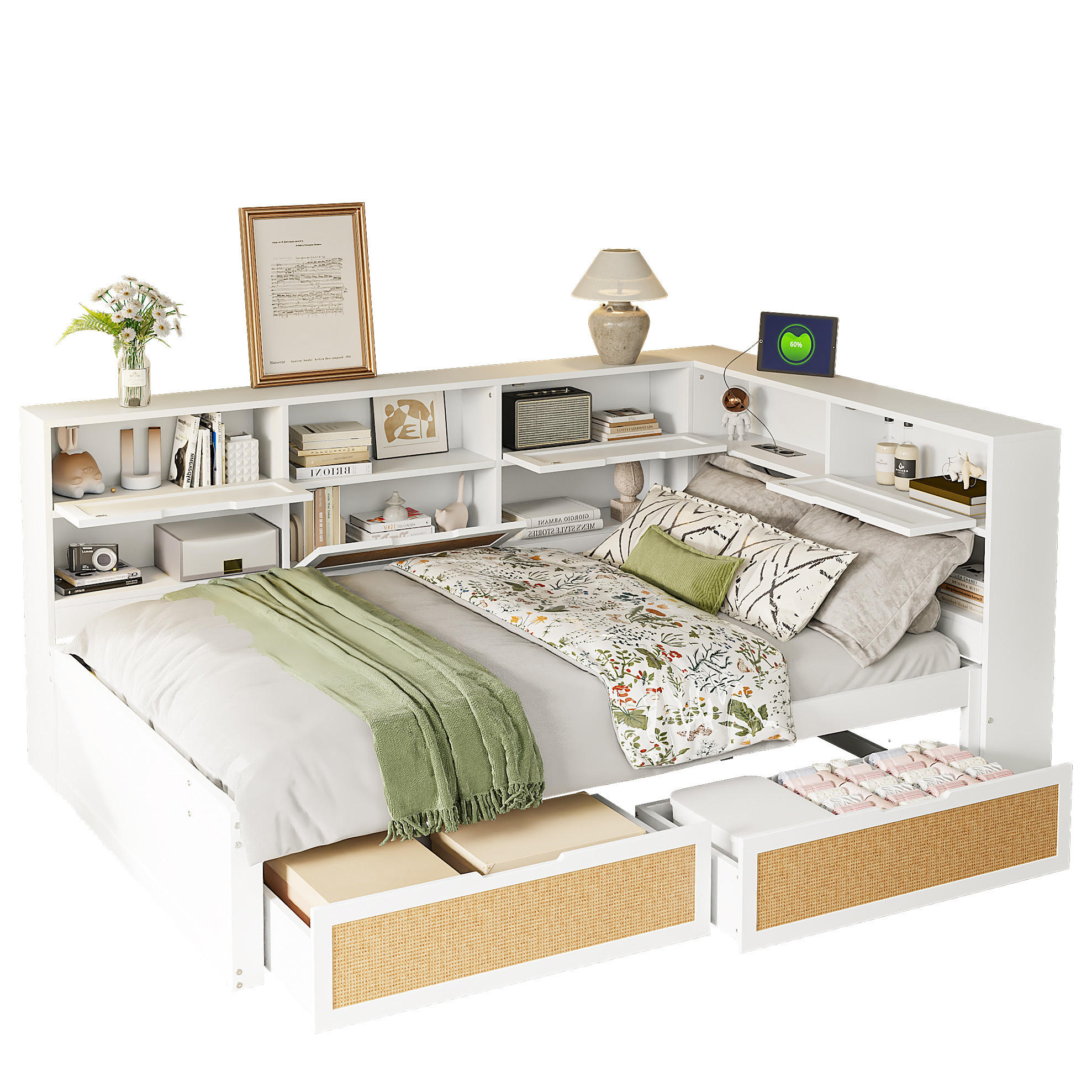 SCHLAFSOFA 140/200 cm mit USB-Anschlüssen, Stauraum und Schubladen, MDF, Weiß - Weiß, Holzwerkstoff (166/92/225cm) - Redom