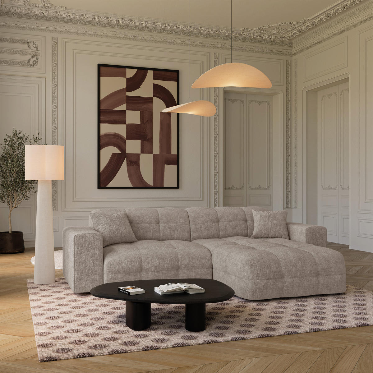 ECKSOFA rechtwinklig COCOON Geprägter Samt Taupe 230cm - Taupe, Textil (230/155cm) - Premium Interiors