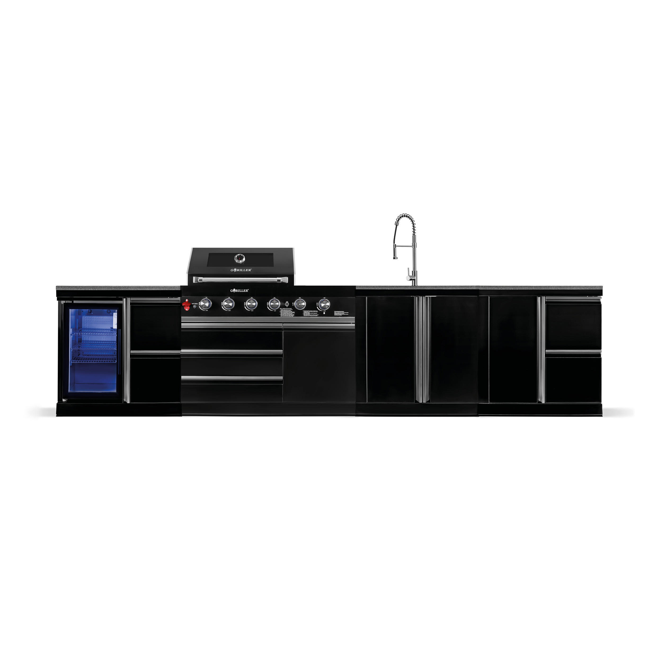 GORILLER® BLACKBACK L4 Outdoor-Küche, Gasgrill mit Kühlschrank, Waschbecken, Extra-Arbeitsfläche und Stauraum, Edelstahl, Schwarz - Schwarz Hochglanz, Metall (383/90/58cm) - Goriller