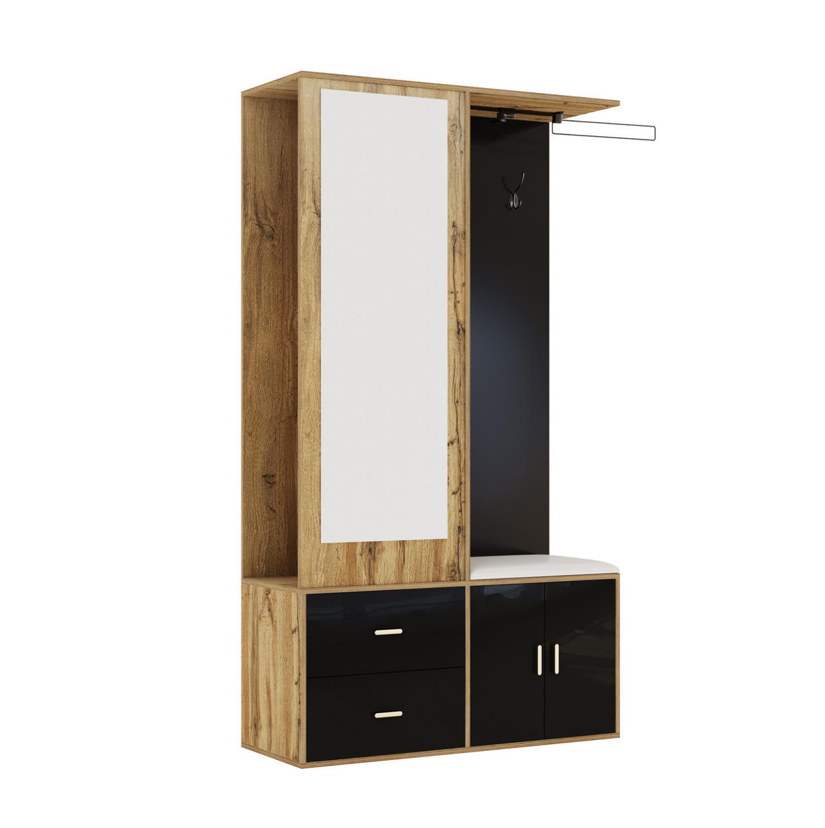 SCHUHSCHRANK aus Spanplatte 100x38x180cm in Schwarz & Natur mit Spiegel - Naturfarben, Holzwerkstoff (100/180/38cm) - Modfu