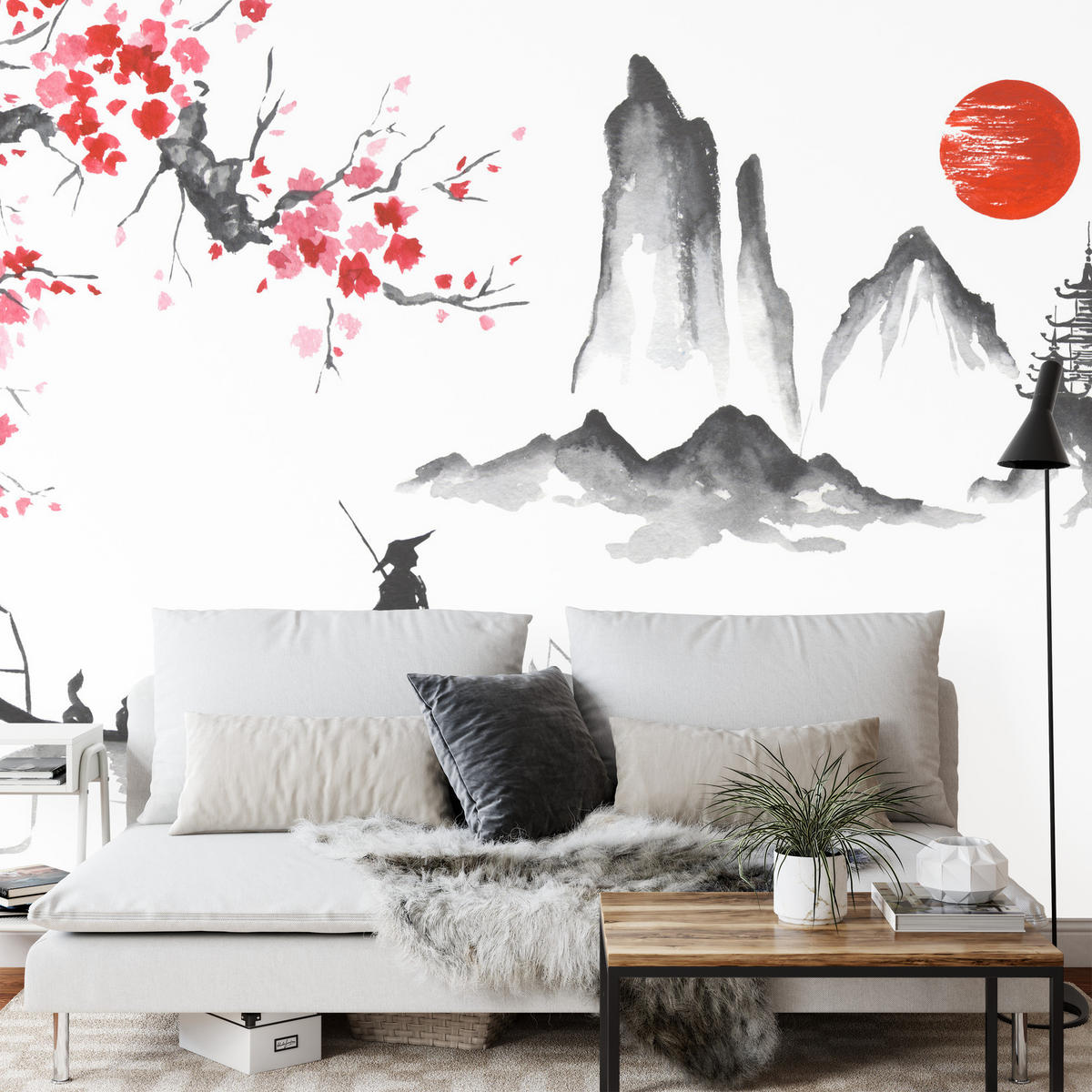 FOTOTAPETE Japanische Landschaft Aquarell 150x105 - Rot/Schwarz, Papier (150/105cm) - Muralo