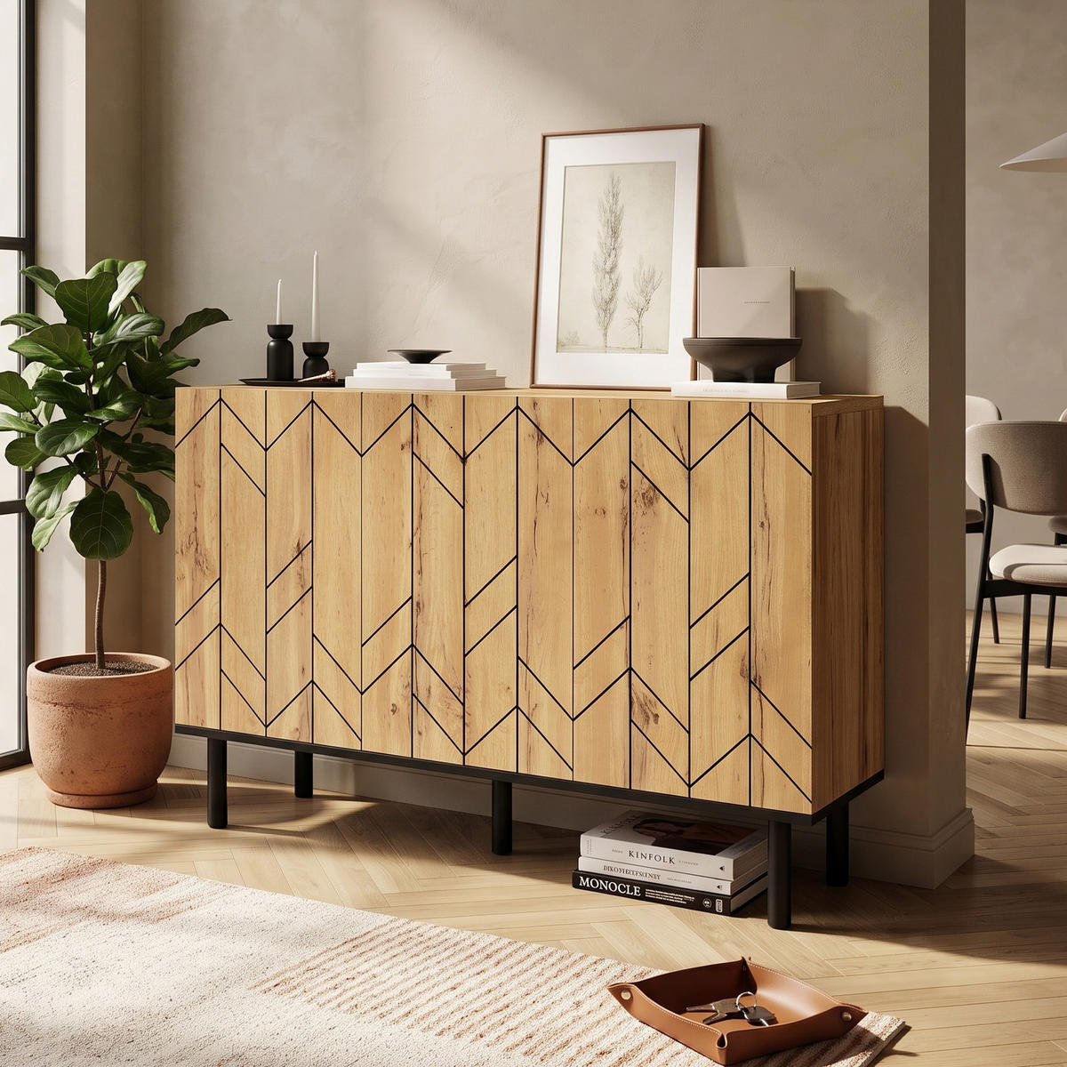 BUFLET 120cm cu Wellenmuster-Optik & 3 Türen - culoare naturală, compozit lemnos (120/70/35cm) - Urban Meuble