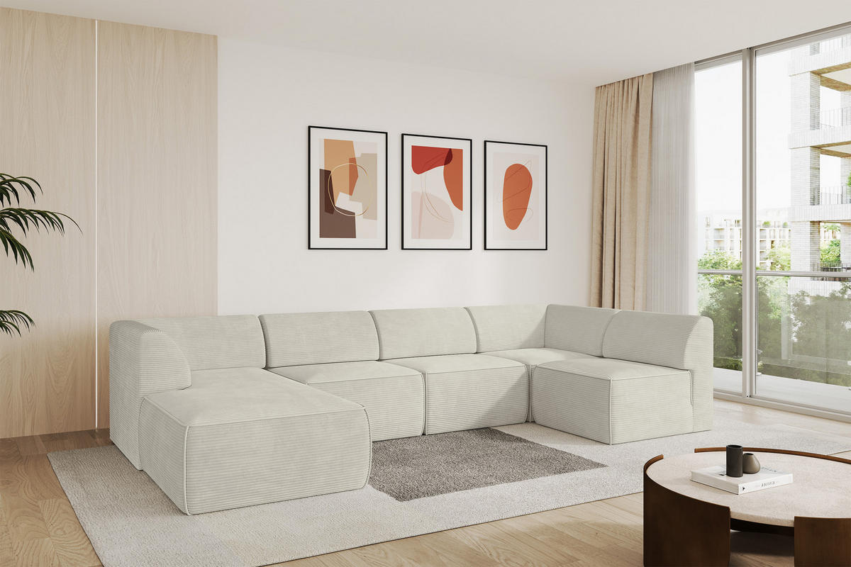 WOHNLANDSCHAFT Ottomane Links MOVO-L 345x180x78 cm Cream Cord - Creme, Holzwerkstoff/Kunststoff (345/78/180cm) - ALTDECOR