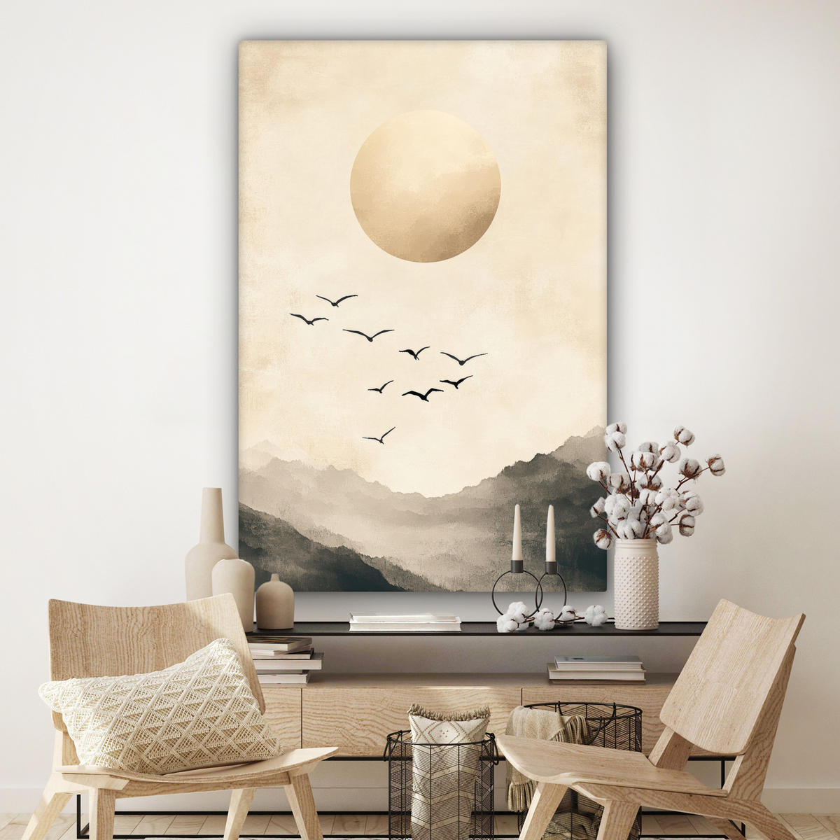 LEINWANDBILD Landschaft - Japandi - Vogel Deko Groß 90x140 cm - Beige, Textil (90/140cm) - MuchoWow