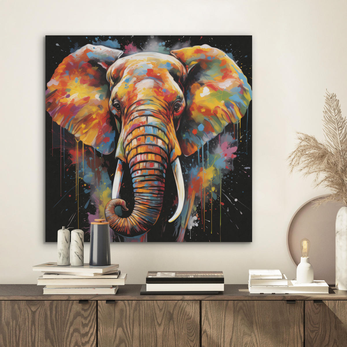 AKUSTIKBILD Elefant - Graffiti - Schwarz - Tiere - Farben Wandbilder 60x60 cm - Schwarz, Kunststoff (60/60/0.9cm) - MuchoWow