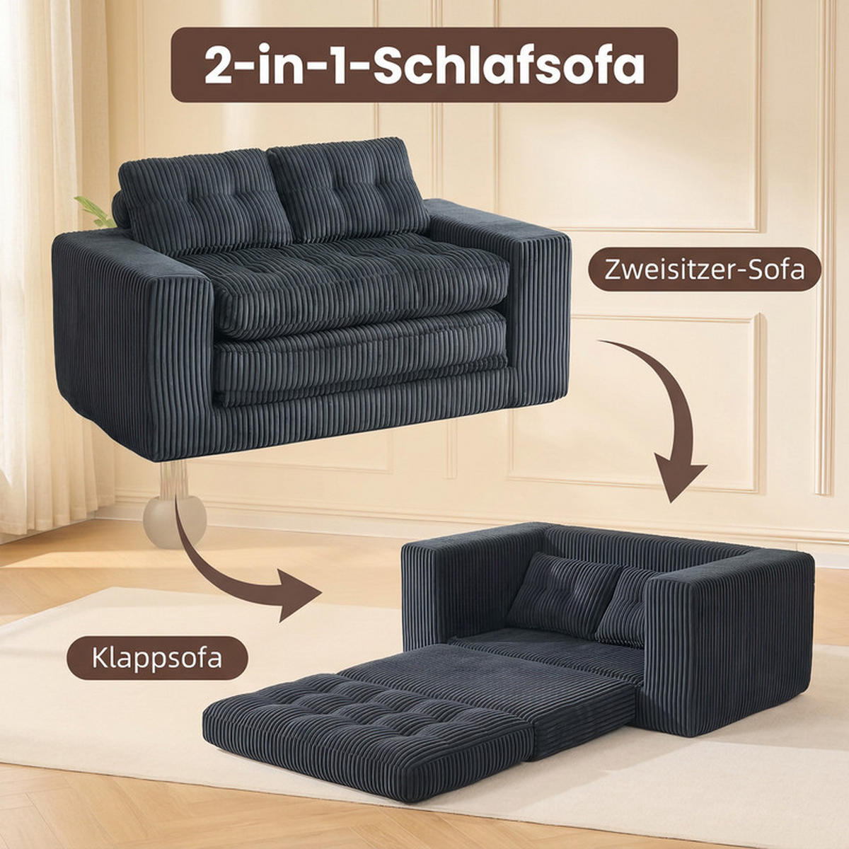 SCHLAFSOFA 140/85/54 cm Schwarz Cord - Schwarz, Textil (85/54/140cm) - Oxeza