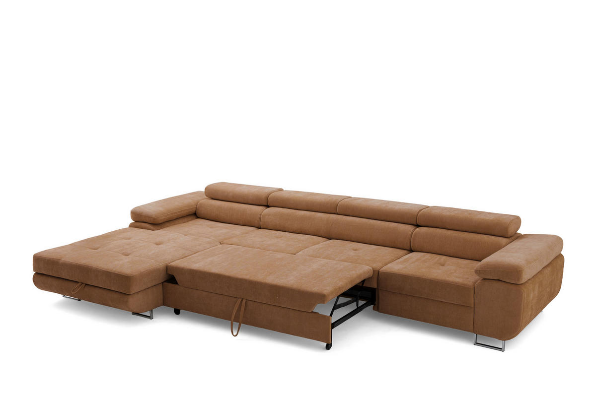 ECKSOFA ALONZO MAXI Links mit Schlaffunktion 125x195 Chenille Braun - Chromfarben/Braun, Holz/Textil (350/203cm) - Muffo