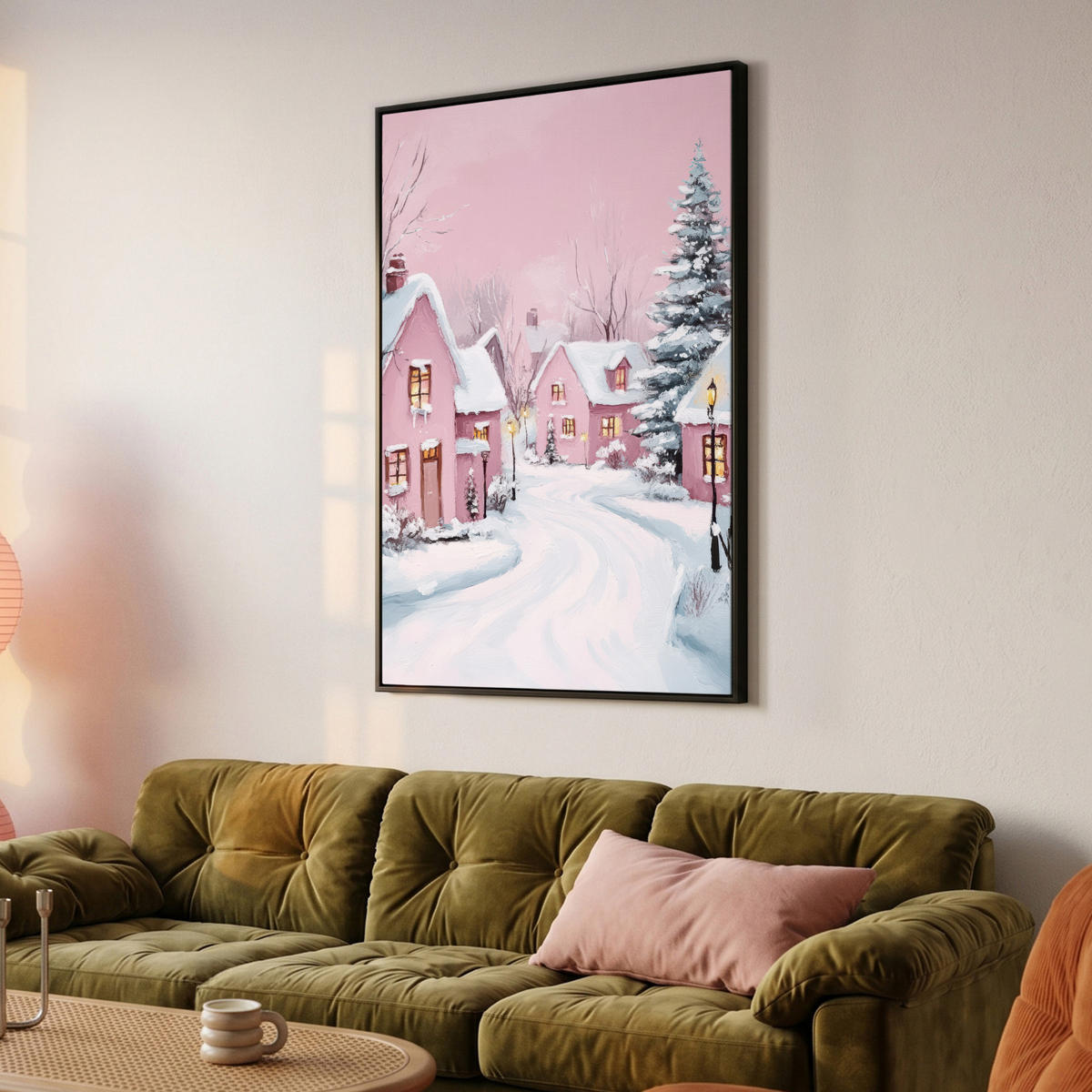 LEINWAND Bilder mit Rahmen - Weihnachtsdorf - Rosa - Winter - Schnee - Häuser - 80x120 - Altrosa, Textil (80/120cm) - MuchoWow