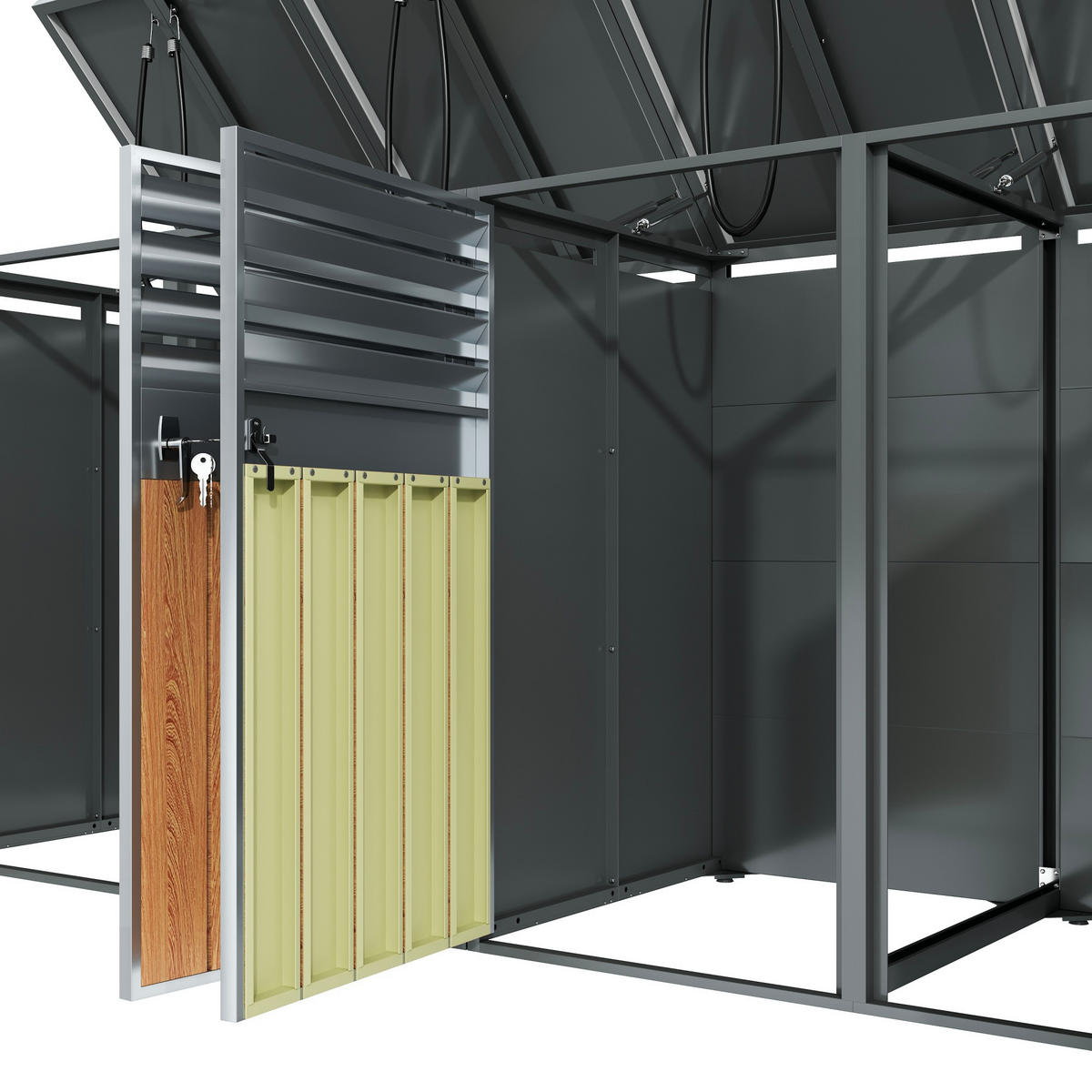 MÜLLTONNENBOX aus Stahl in Grau Holzoptik mit Klappdeckel & Schloss 264x80x118,5 cm - Grau, Metall (264/118.5/80cm) - Modfu