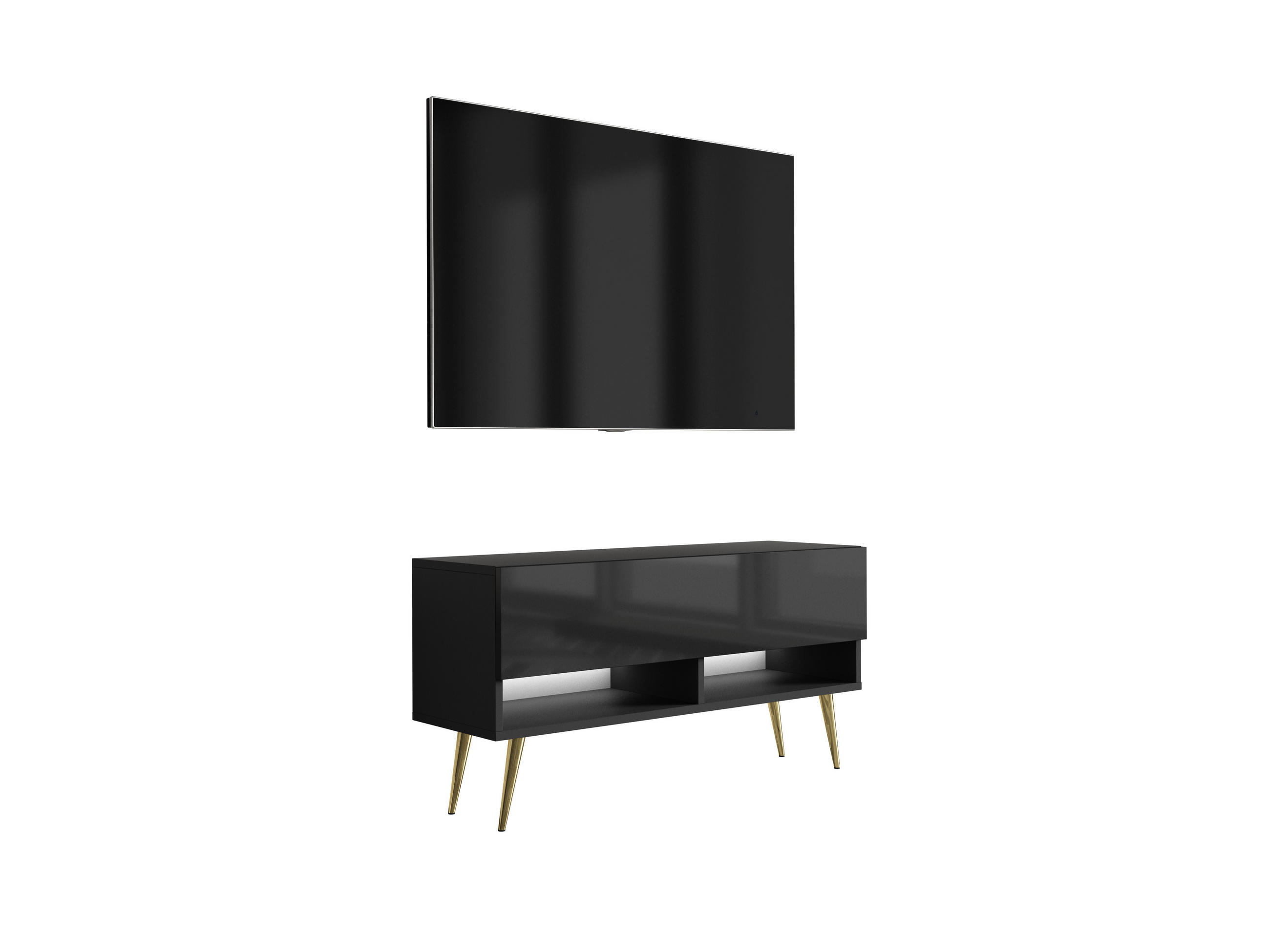 TV-LOWBOARD 100 cm Mattschwarz / Hochglanzschwarz, goldene schräge Beine, weiße LED, 100 × 32 × 52 cm - Schwarz, Holzwerkstoff (100/52/32cm) - 3XE LIVING