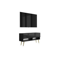 TV-LOWBOARD 100 cm Mattschwarz / Hochglanzschwarz, goldene schräge Beine, weiße LED, 100 × 32 × 52 cm - Schwarz, Holzwerkstoff (100/52/32cm) - 3XE LIVING