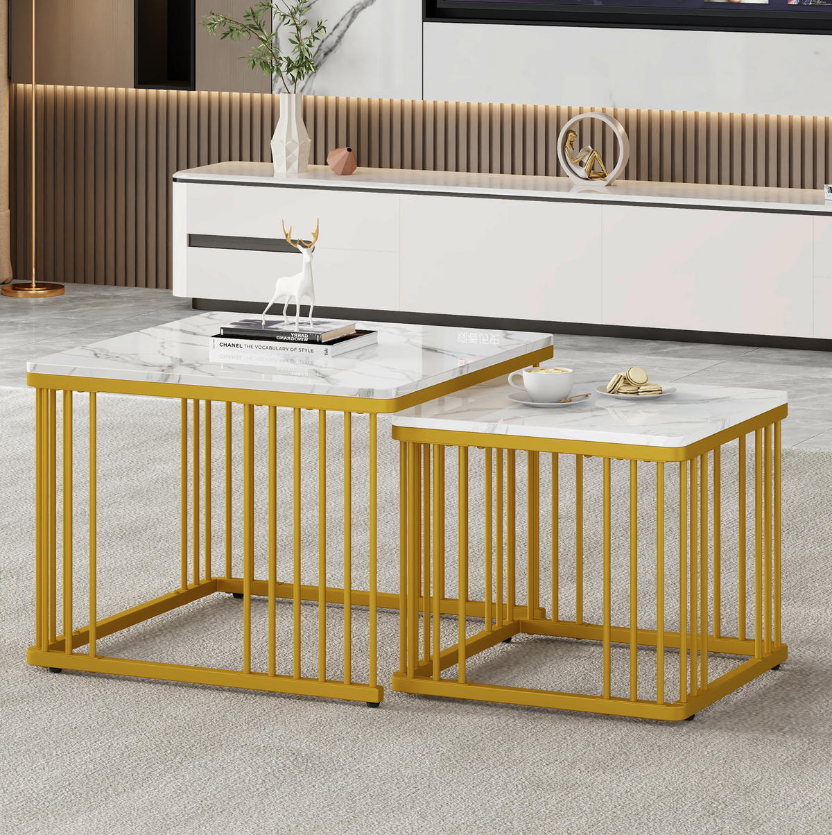 COUCHTISCH 60/60/45 cm + 45/45/40 cm weiß aus MDF mit Hochglanz-Marmoroptik, ineinander schiebbar - Weiß, Holzwerkstoff (60/60/45cm) - OKMYHOME