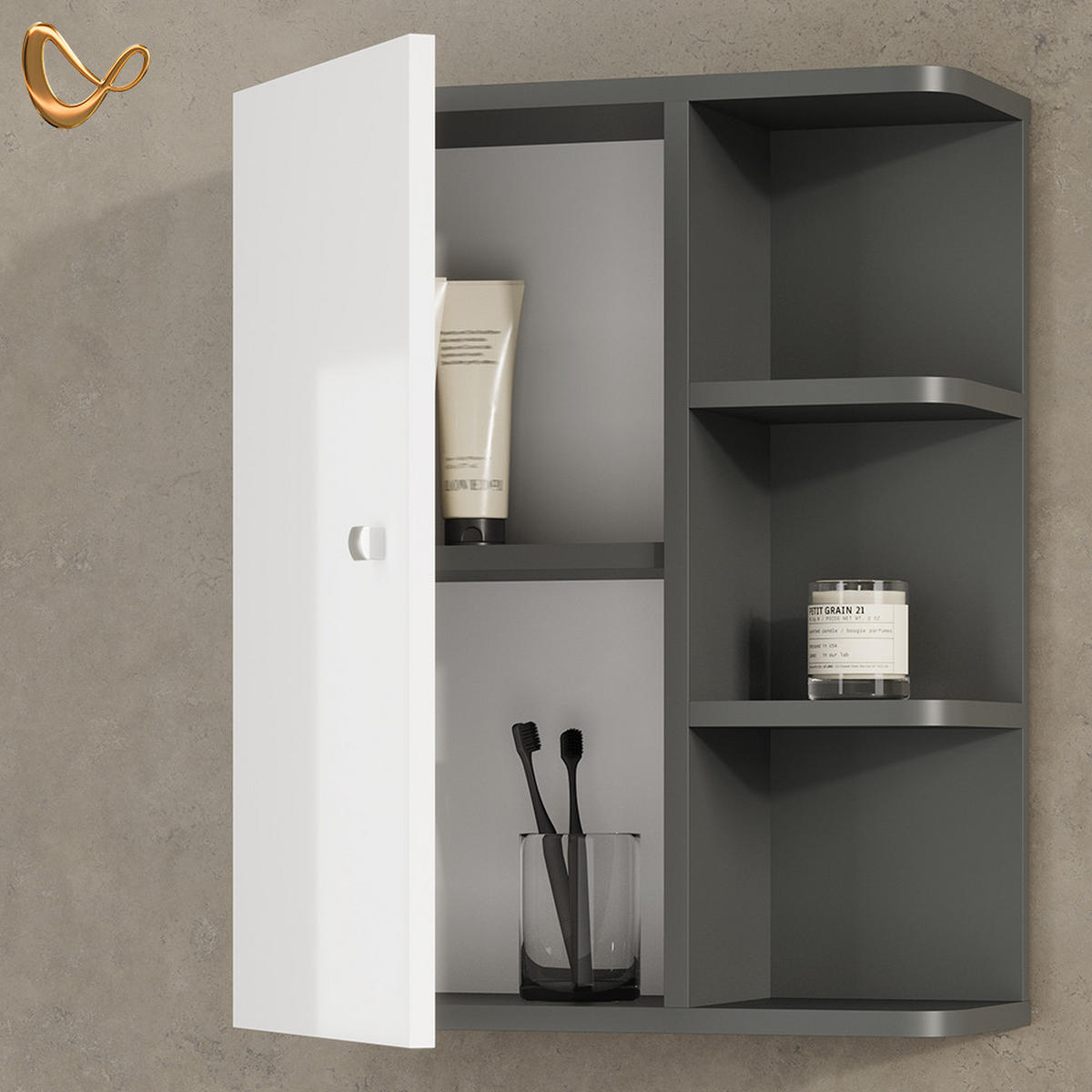 BADSCHRANK Fucino Weiß Hochglanz 47.2 x 59.2 cm - Weiß Hochglanz/Anthrazit, Holzwerkstoff (47.2/59.2/20.8cm) - Livinity®