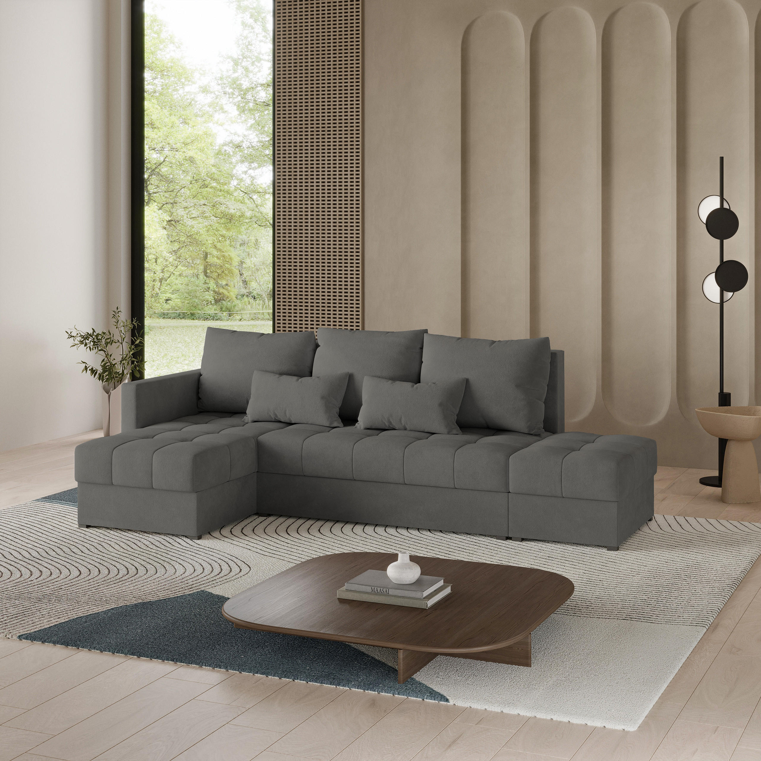 ECKSOFA LUMARI L-S Grau Plüsch-Stoff mit Schlaffunktion - Grau, Holz (262/143cm) - MASSENO