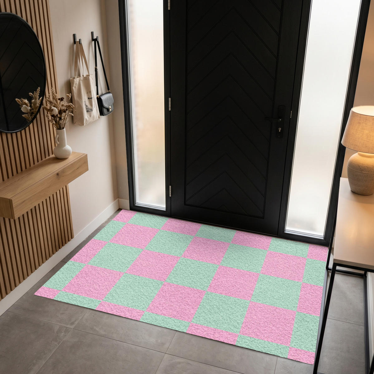 FUSSMATTE Schachbrettmuster - Grün - Rosa - Würfel Fußabtreter 180x120 cm - Mintgrün, Kunststoff (180/120cm) - MuchoWow