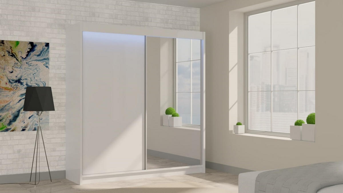 KLEIDERSCHRANK mit Spiegel-Schiebetüren und Aluminium-Leisten, LED-Beleuchtung - PARTI - 200 cm Weiß - Weiß, Holzwerkstoff (200/216/61cm) - ALTDECOR