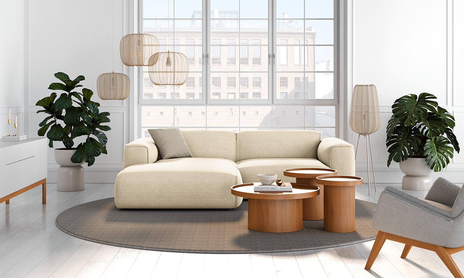 ECKSOFA mit XL-Longchair - Beige/Schwarz, Textil (260/171cm) - home24