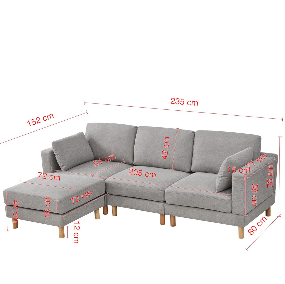 ECKSOFA L-förmiges 235/152/78 cm 3-Sitzer mit Hocker, Polyester-Bezug, Hellgrau - Hellgrau, Textil (152/253cm) - Redom