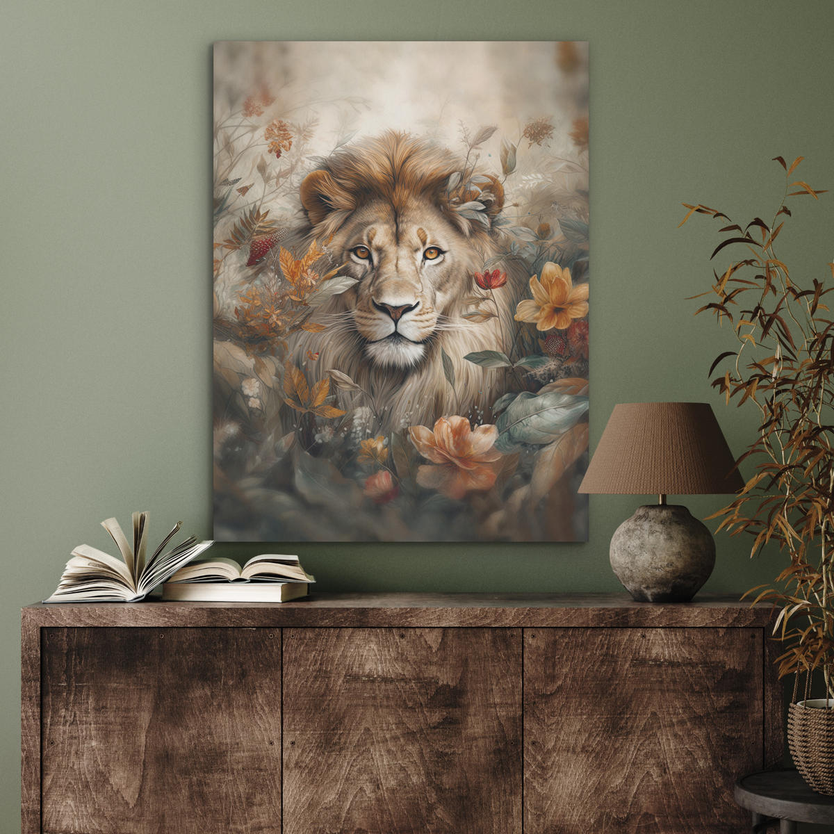 AKUSTIKPANEEL Löwe - Wildtiere - Pflanzen - Natur - Blumen 60x80 cm - Beige, Textil (60/0.9/80cm) - MuchoWow