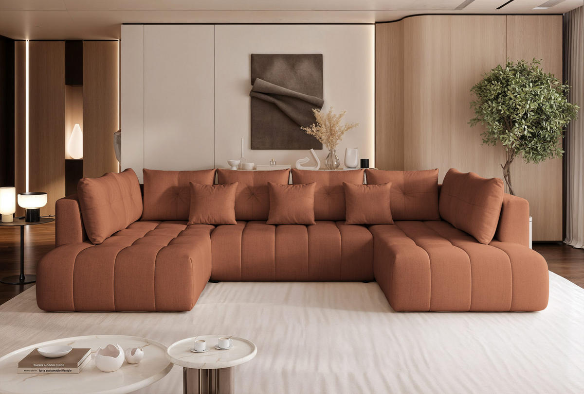 WOHNLANDSCHAFT STONE mit Schlaffunktion und Bettkasten, Stoff Braun - Braun, Kunststoff/Textil (350/91/190cm) - Idohome