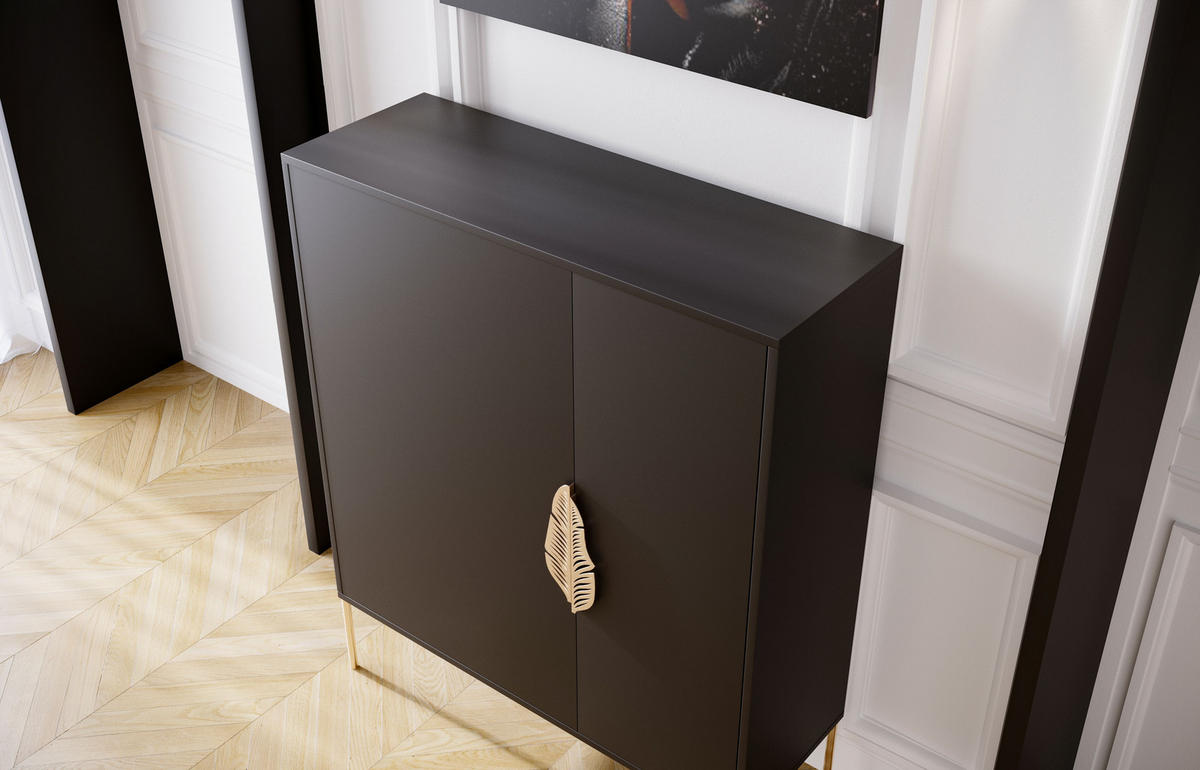 SCHUHSCHRANK Merlin, Schwarz, Goldene Details - Goldfarben/Schwarz, Holzwerkstoff/Metall (100/120/35cm) - Skandica