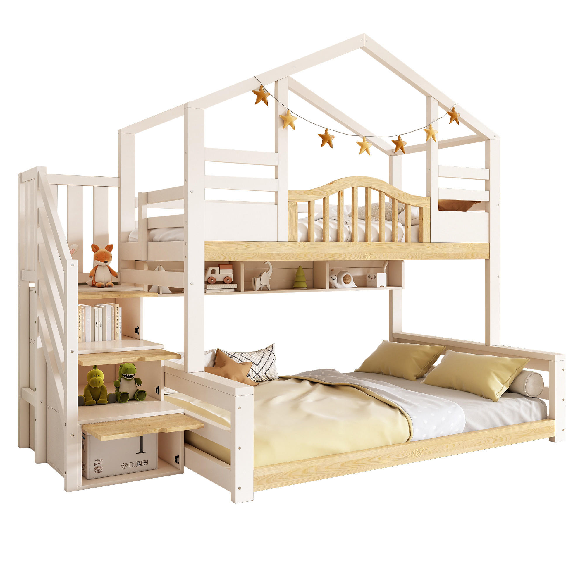 ETAGENBETT 90/200 cm & 140/200 cm in Weiss & Natur mit Treppenschrank, Stauraum und Regalen Hausbett - Weiß, Holzwerkstoff (140/200cm) - STILVORA