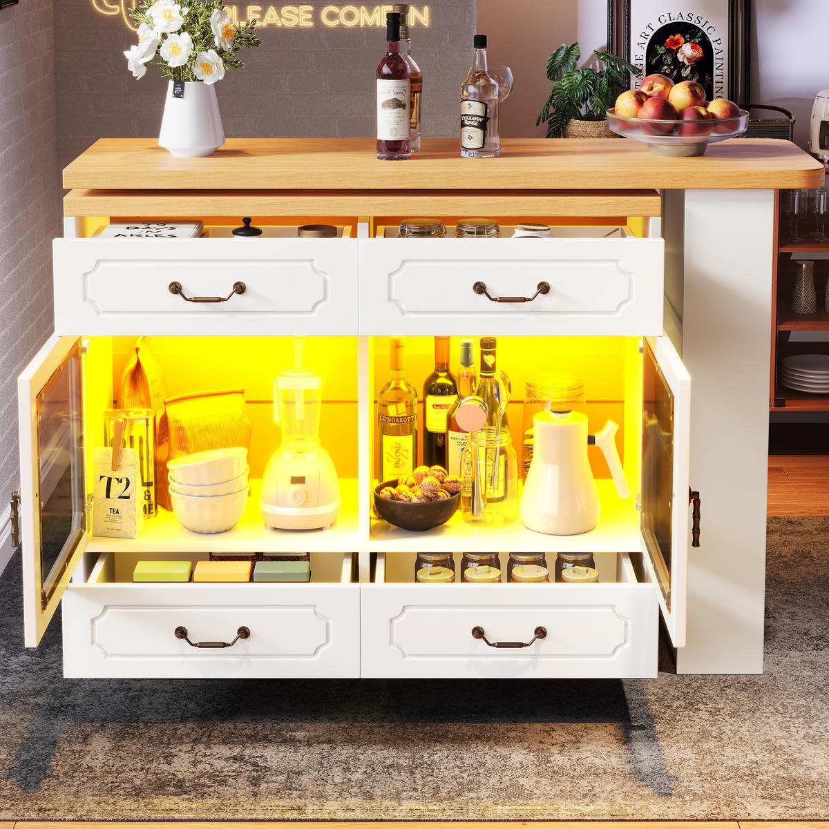 BARTISCH Ausziehbarer aus MDF mit 360° Drehplatte & LED, 135-203/39/92,8 cm, Weiß - Weiß, Holzwerkstoff (39/92.8/135cm) - Redom