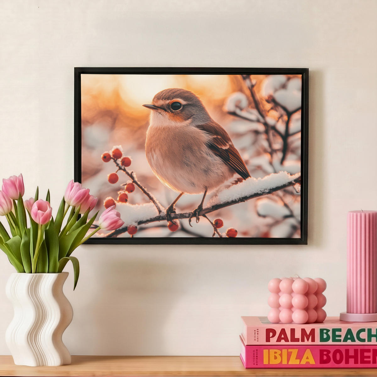 LEINWAND Bilder mit Rahmen - Vogel - Zweig - Winter - Tiere - Schnee - 40x30 - Bernsteinfarben, Textil (40/30cm) - MuchoWow