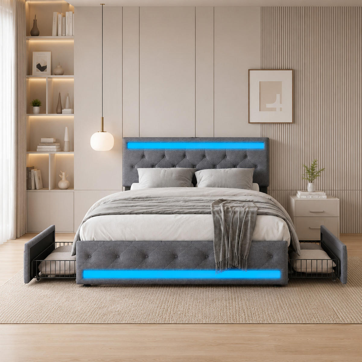 POLSTERBETT 180/200 cm in Grau mit LED-Kopf- und Fußteil, gemütlich und stilvoll - Dunkelgrau, Holz/Metall (180/200cm) - Joyfair